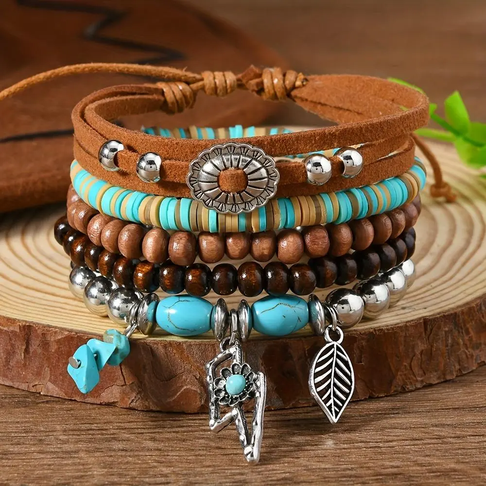 5 Pack Handmade Bohemian Wooden Bead Bracelets, Turquoise Leather Stackable Wristbands Unisex, Retro Western Friendship Healing Jewelry, Daily Layering Accessories & Holiday Gift Sets