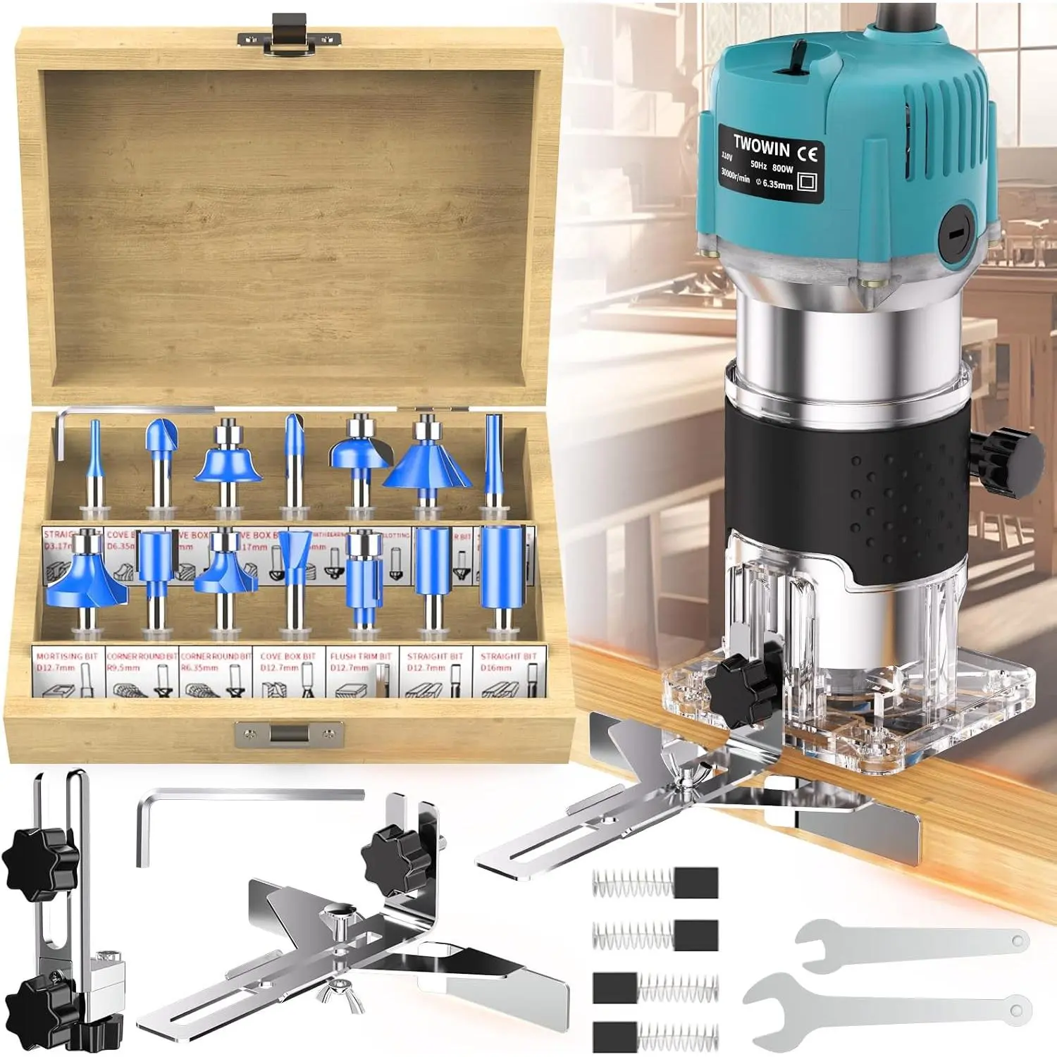 Tool, 110V-120V 800W Compact Wood Tool for Woodworking| Electric Hand Trimmer 1/4" Palm Wood Laminate Trimmer + Tungsten Carbide Bits 15-Piece Set