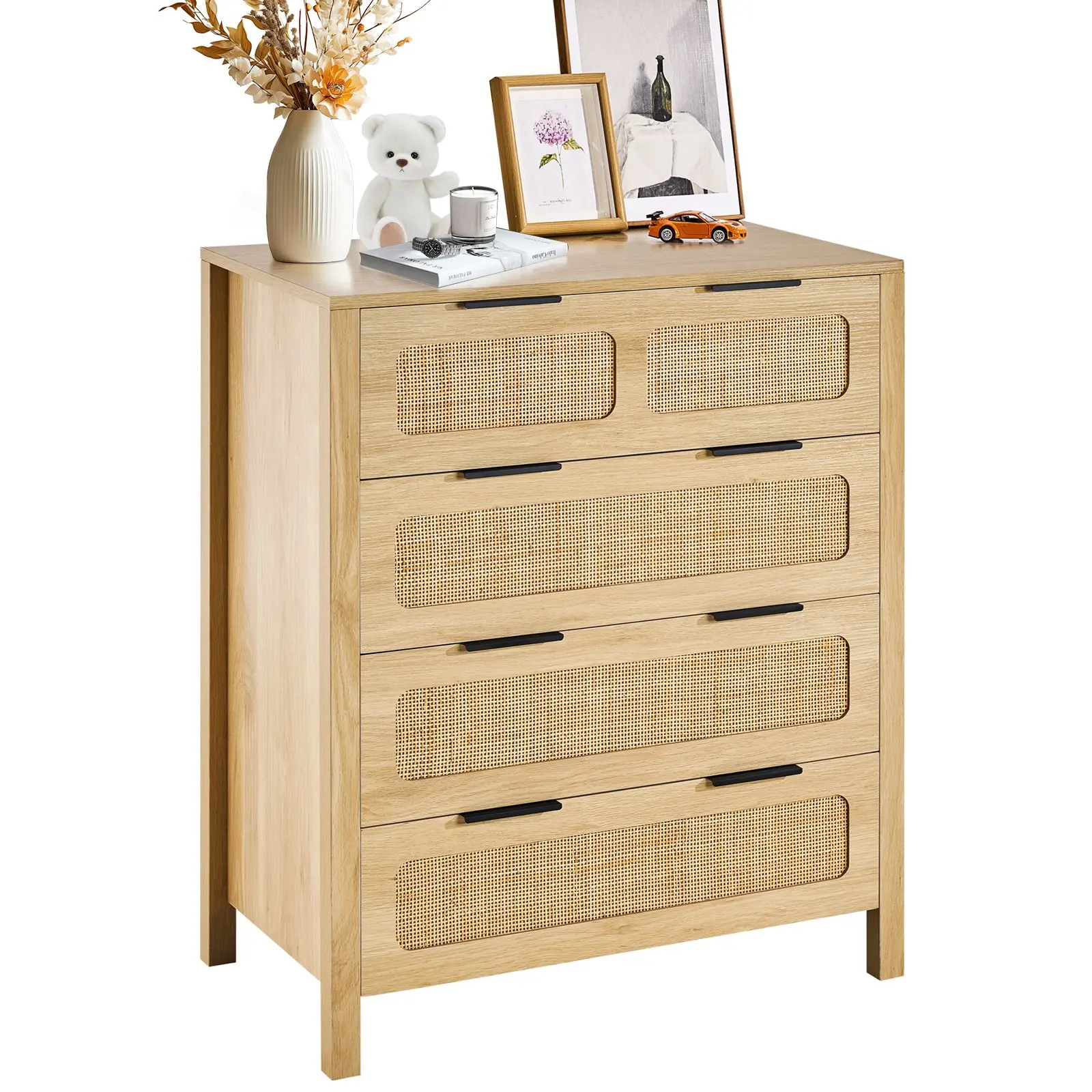 VEVOR 4 Drawer Rattan Dresser, Boho Dresser, Rattan Chest of Drawers with Spacious Storage, Natural Rattan Dresser for Bedroom, Living Room Hallway, Rattan Nightstand with Sturdy HandlesLegs, Brown