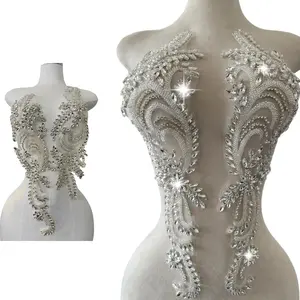 1 Pair Big Size Hand-Made Beaded Rhinestons DIY Clothing Appliques Patch Wedding Dress Decoration Flower Applique by Pair (Silver)