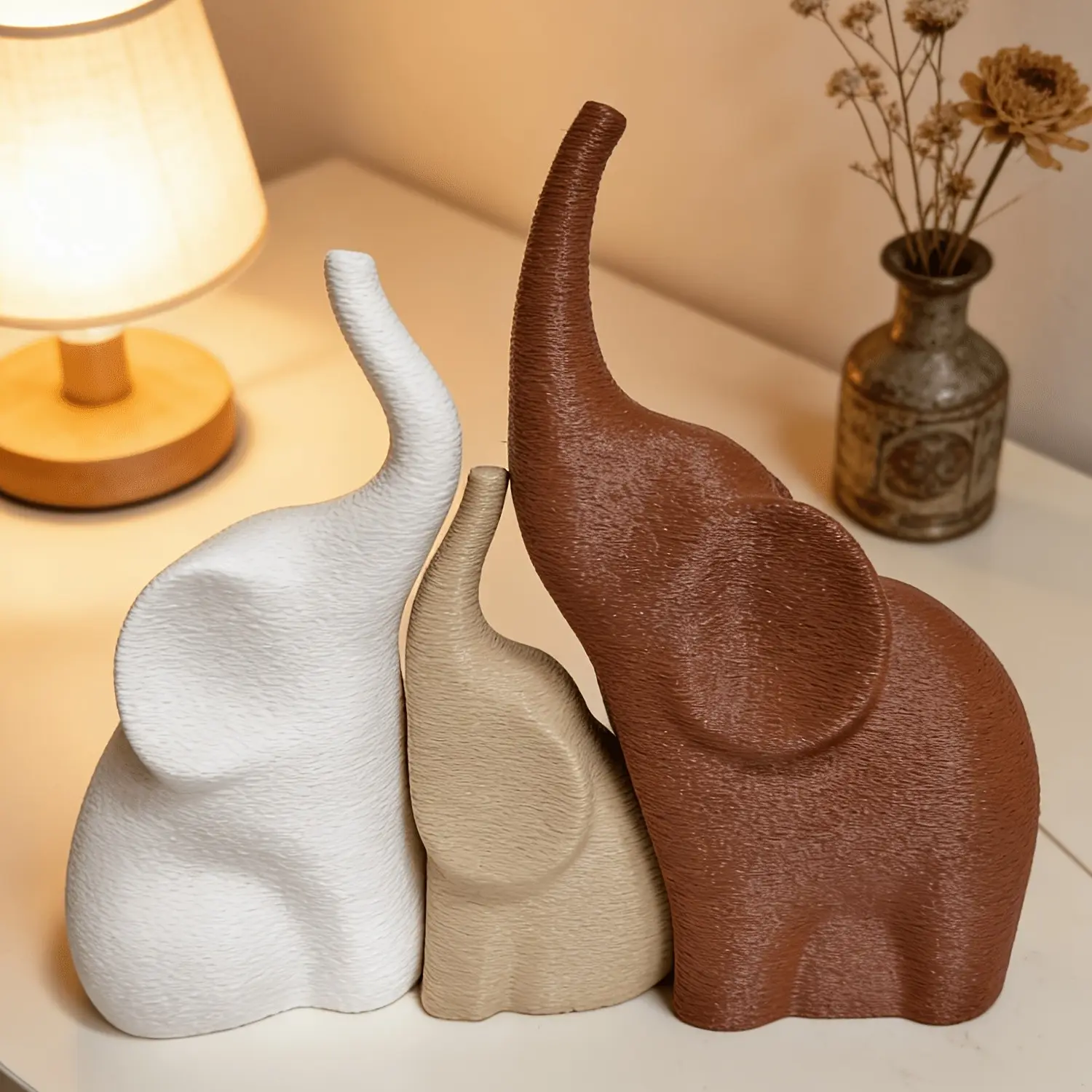3pcs Lucky Elephant Statues - Scandinavian Modern Minimalist Matte Elephant Figurines, Textured Resin Elephant Decor Suitable for Home,, Wedding Gifts, Housewarming, Mother's Day, Father's Day - Tabletop Shelf Ornament