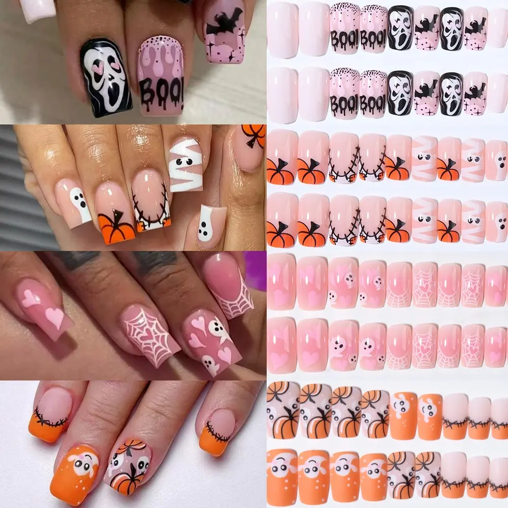 Halloween 96pcs Short Square Press-On Nails, Pumpkin Bat Spider Web Ghost Heart Design, Includes Jelly Glue and Nail File