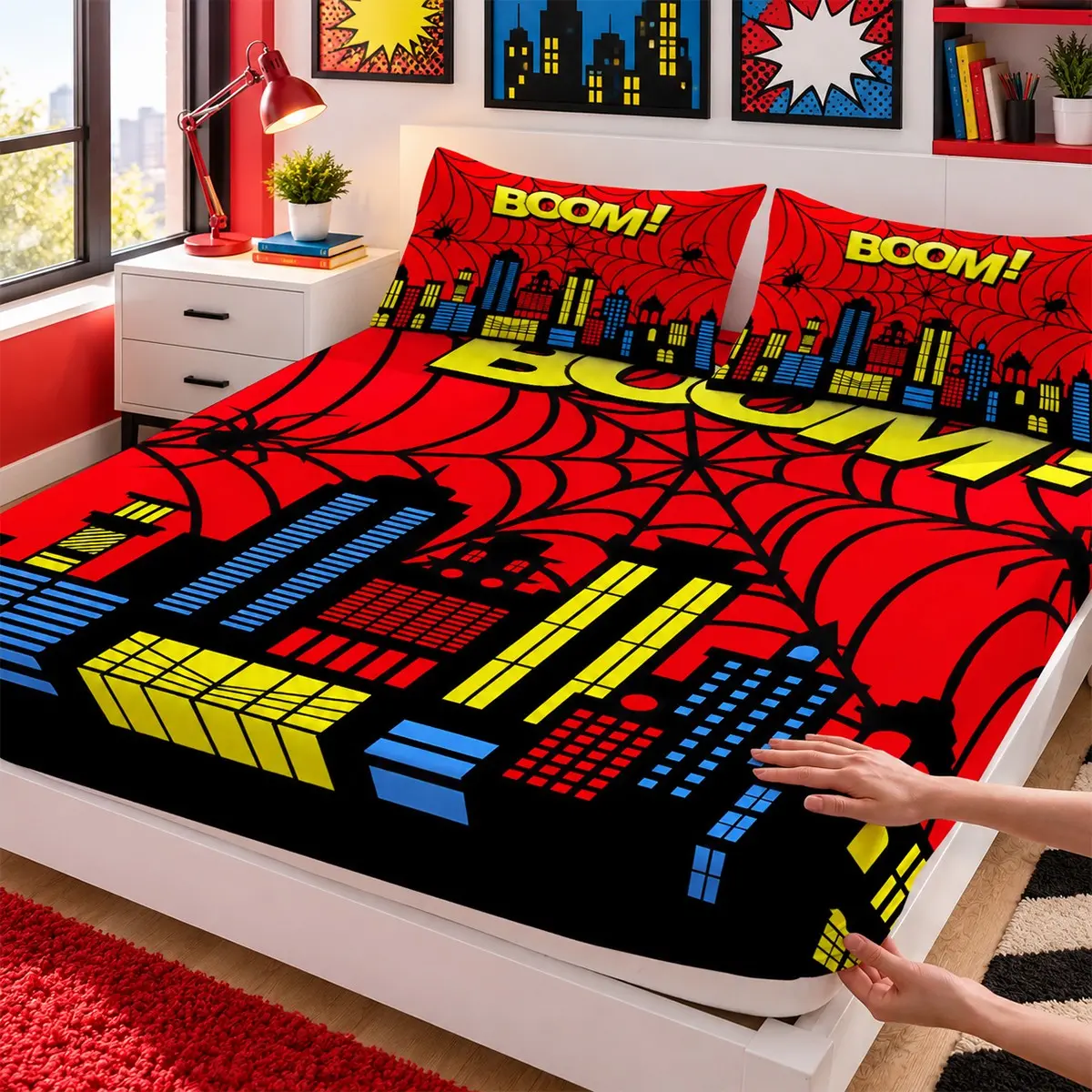 3-Piece Retro Comic-Style City & Spiderweb Print Bed Sheet Set (includes 1 fitted sheet and 2 pillowcases; comforter and pillow inserts not included) — perfect for home or dorm decor, and an excellent holiday gift.
