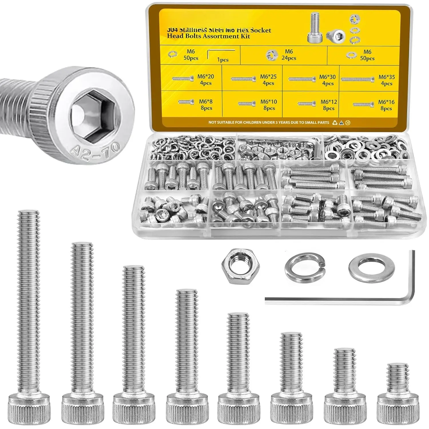 172 count M6 Screws  kit, M6x8/10/12/16/20/25/30/35 mm Hex Socket    Kit, 304 Stainless Steel Screw Set with Nuts, Flat & Lock Washers