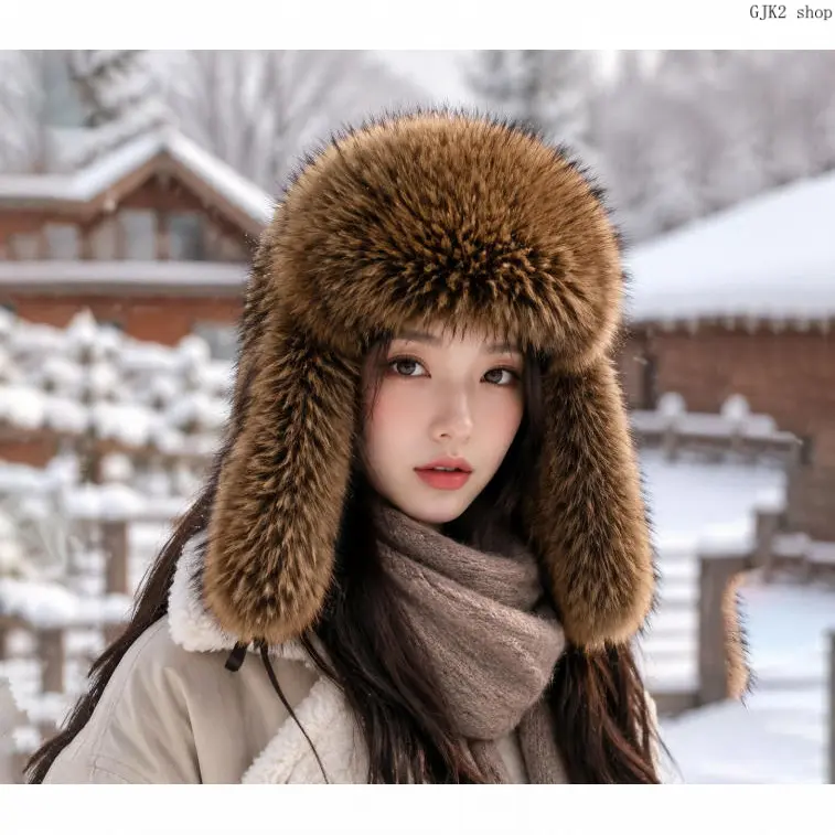Gradient Gray Fluffy Faux Fur Ushanka Trapper Hat Windproof Thermal Ear Flap Adjustable Buckle Cold Weather Outdoor Ski Snow Hat