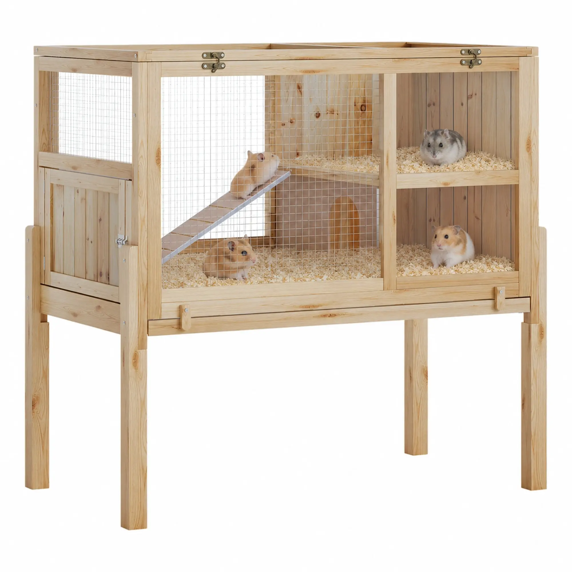 38" 2-Story Wooden Hamster Cage | Large Guinea Pig Cage with Stand, Leak-Proof Pull-Out Tray & Ramp, Lockable Small Animal Habitat for Hamsters, Gerbils, Mice & Rabbit