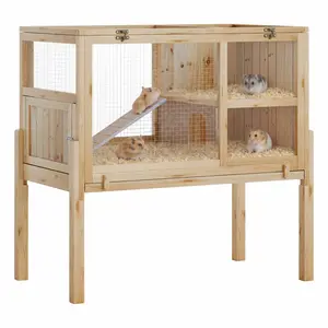 38" 2-Story Wooden Hamster Cage | Large Guinea Pig Cage with Stand, Leak-Proof Pull-Out Tray & Ramp, Lockable Small Animal Habitat for Hamsters, Gerbils, Mice & Rabbit