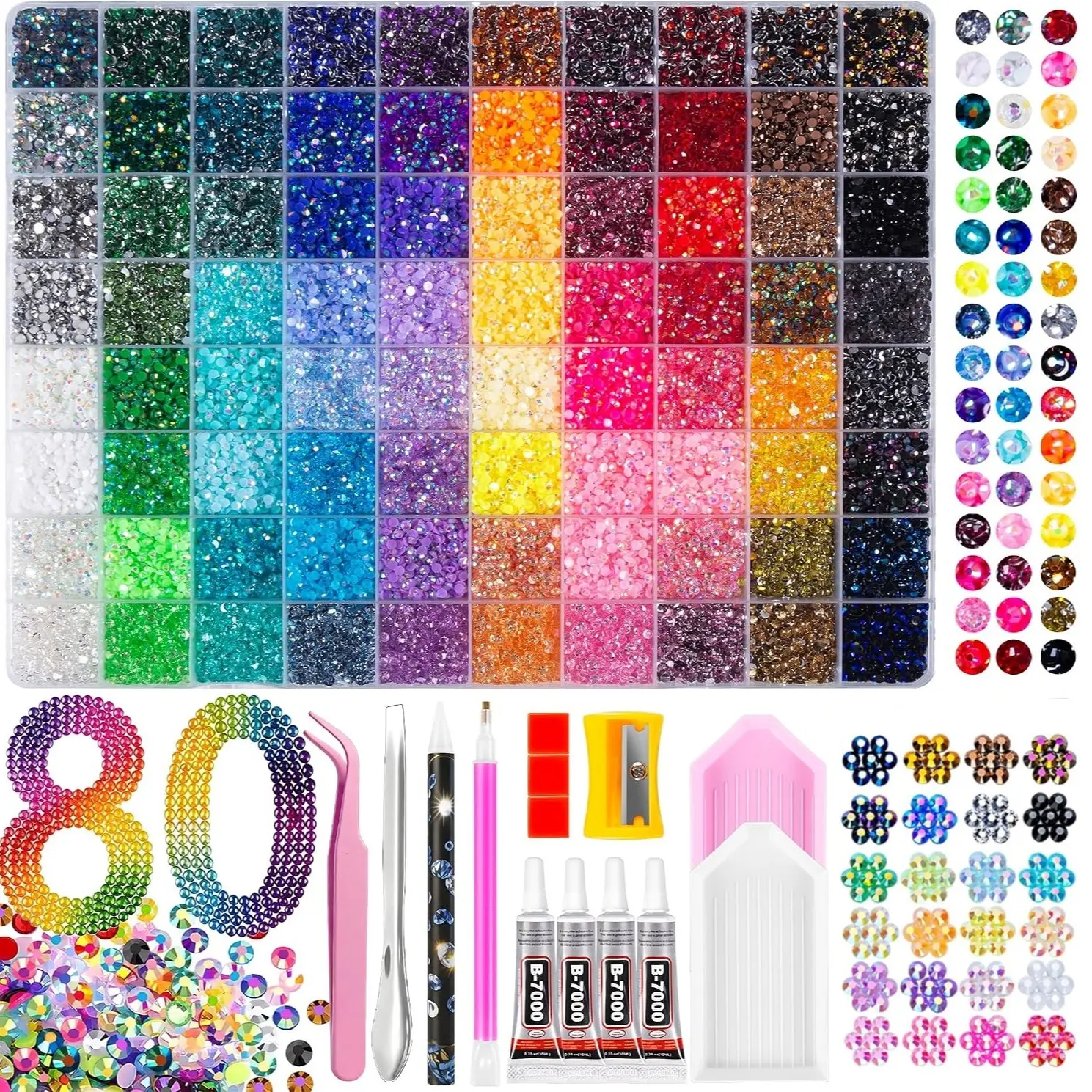 Multi-Color Flatback Resin Rhinestone Bedazzling Kit, Flatback Rhinestones, Set with B7000 Clear Precision Tip Adhesive Glue, Tweezers, Wax Pencil, DIY Craft Supplies for Tumblers, Nail Art, Phone Case, Birthday Gift for Teens & Hobbyists