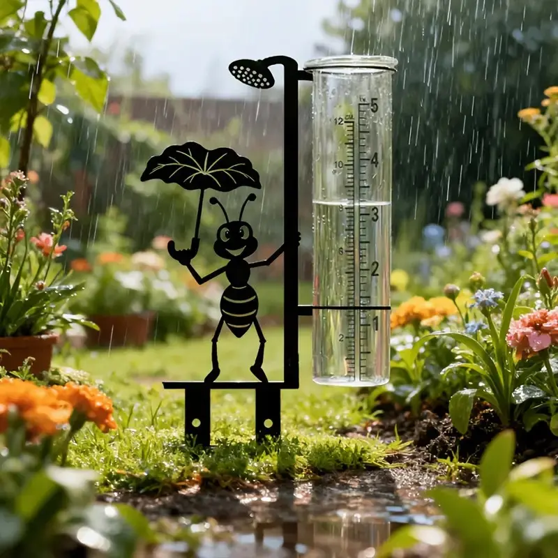 Ant Outdoor Garden Stake with Glass Rain Gauge, Ideal for Courtyard, Garden, Balcony, Decorative and Practical Functionality, Rainfall