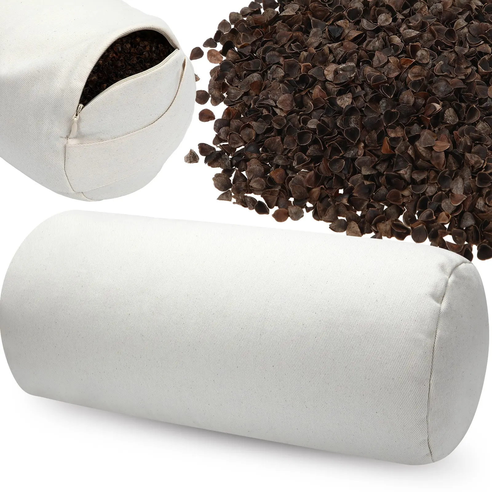 DoubleFill Buckwheat Pillow Cylinder Bolster Pillow to Provide Firm Support, Cervical Neck Roll Adjustable with Pillowcase, Tartary Buckwheat Hulls