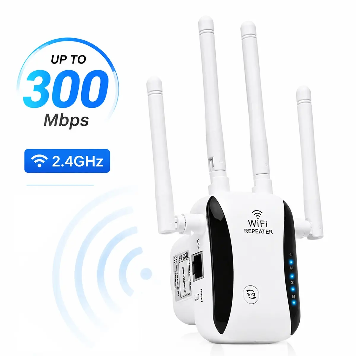 WiFi Extender Signal Booster, 300Mbps Internet Range Extender for Home, 2.4GHz WiFi Repeater with 4 Antennas and Ethernet Port, Whole Home Wireless Coverage, Easy One-Tap Setup for Stable Connection