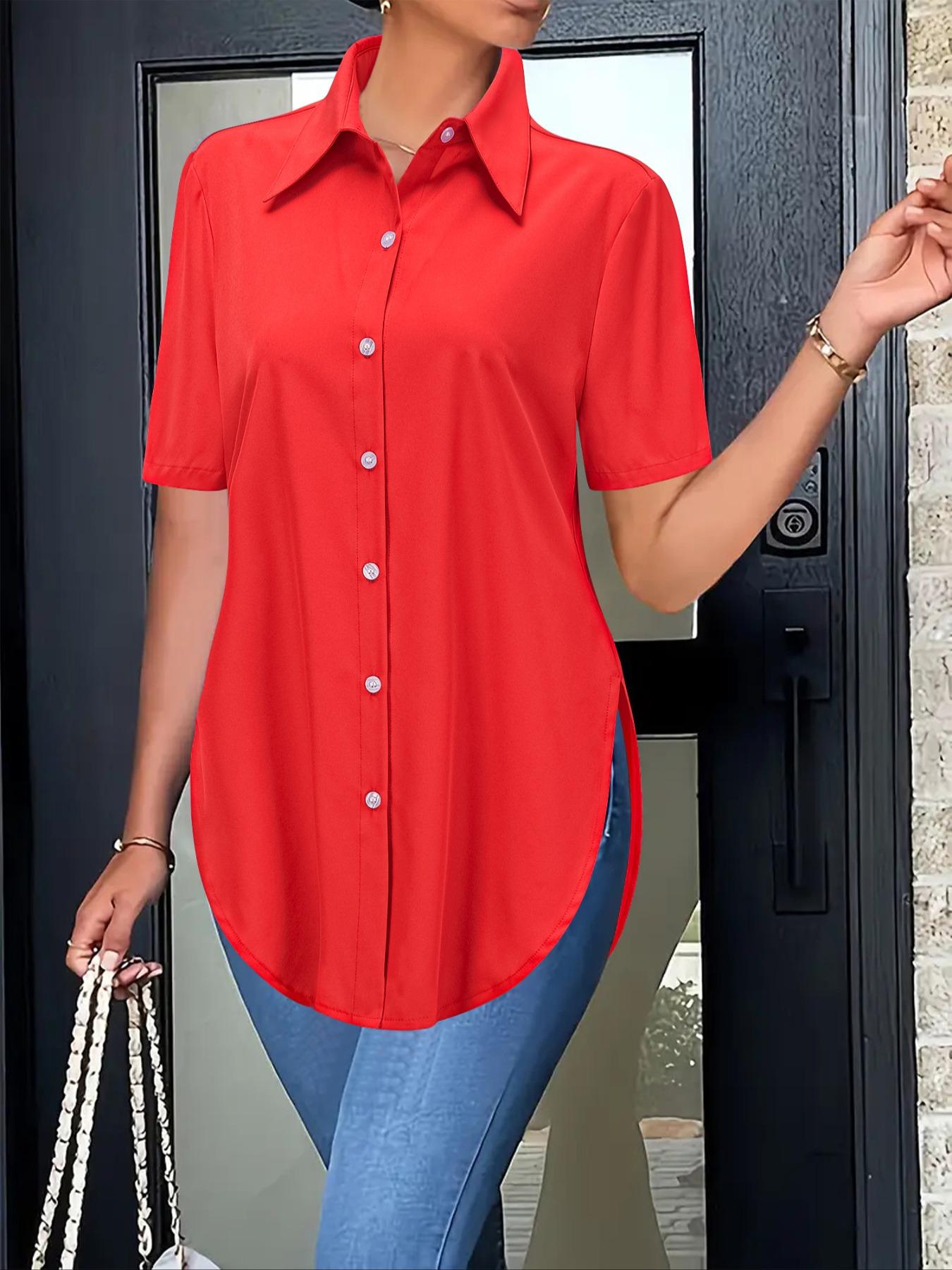 Women's Plain Curved Hem Button Shirt Blouse, Casual Short Sleeve Top for Summer, Ladies Clothes for Daily Wear