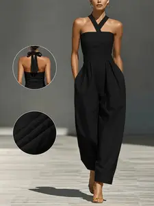 2026 Airy Breathable Linen Halter Jumpsuit for Women, Cross Neck Tube Top, Open Back, Slim Waist, Ankle Hem, Fall Casual Fashion