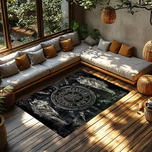 Viking Wolf Compass Mystical Crystal Velvet Area Rug #MysticalWolfRug #VikingCompassFloorMat #NordicPatternCarpet #CrystalVelvetHomeDecor