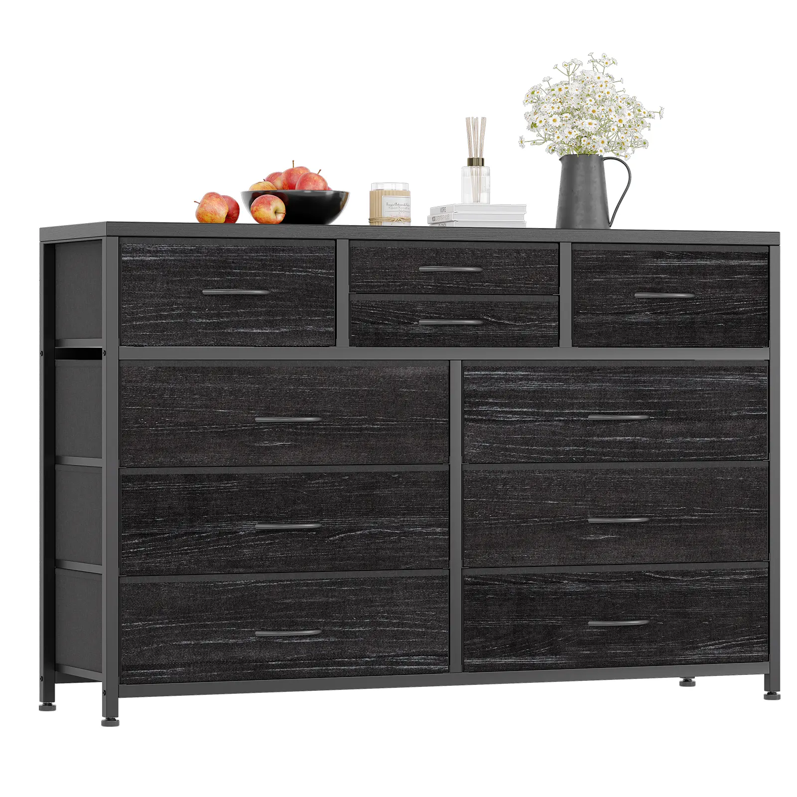 Modern 10-Drawer Dresser & TV Stand – Spacious Fabric Drawers, Sturdy Wood Top, Sturdy Steel Frame – Multi-Functional 45" Storage Cabinet for Bedroom, Living Room, Hallway, TV Stand, Black/Pink
