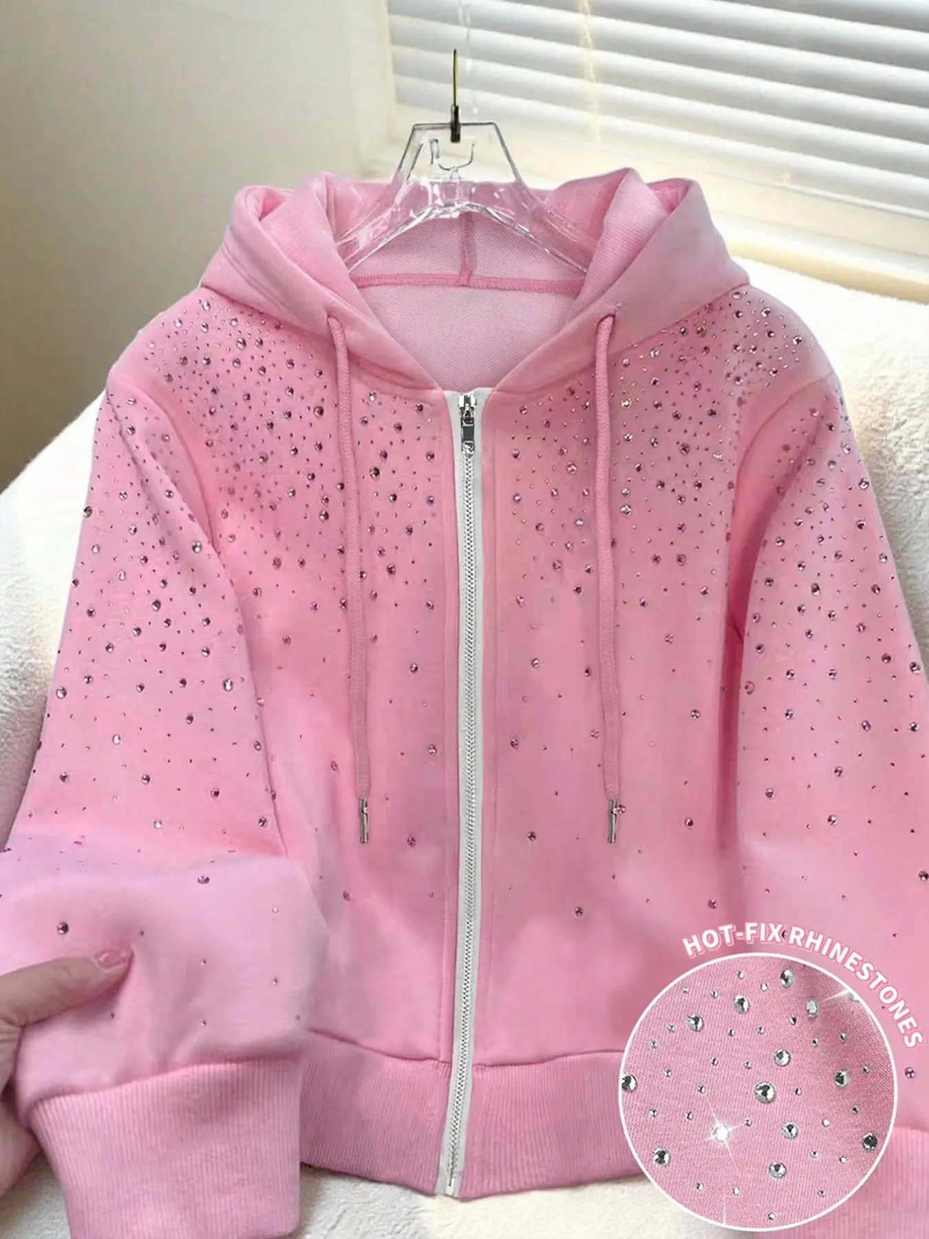 Women's Sweatshirt Y2K Hot-Fix Rhinestone Zip-Up Hoodie Loose Casual Zipper Cardigan Hooded Diamond Embossed Hooded Jacket Fall