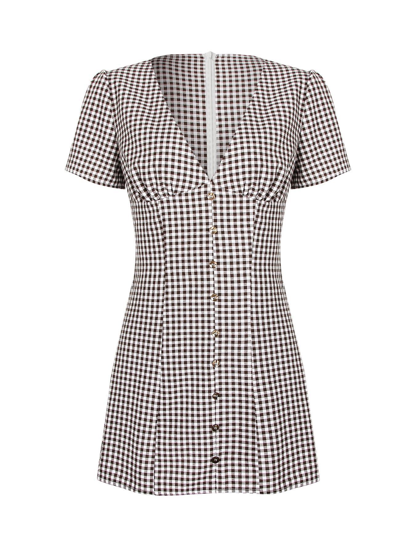 Women's Plaid Print Button Decor V Neck Dress Casual Basic Fashion Short Sleeve Dress for Daily Outdoor Wear Ladies Clothes for All Seasons Sexy Shirt Mini Dress Womenswear