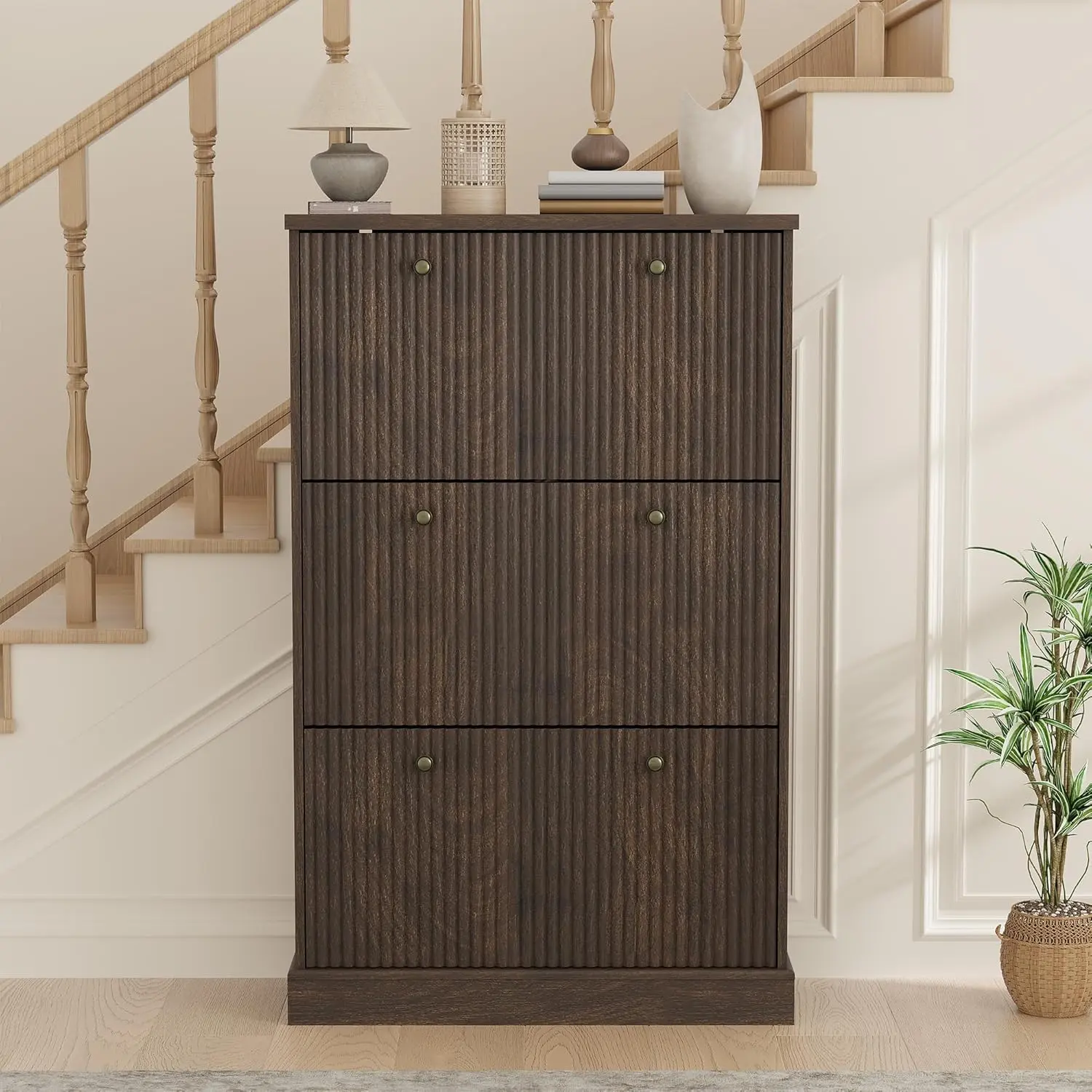 OP-Classic Shoe Cabinet with 3 Flip Drawers, Modern Narrow Wave Shoe Organizer with Adjustable Shelves, Durable Wooden Freestanding Shoe Cabinet for Entryway, Living Room, Hallway, Black&Wood&Black walnut wood
