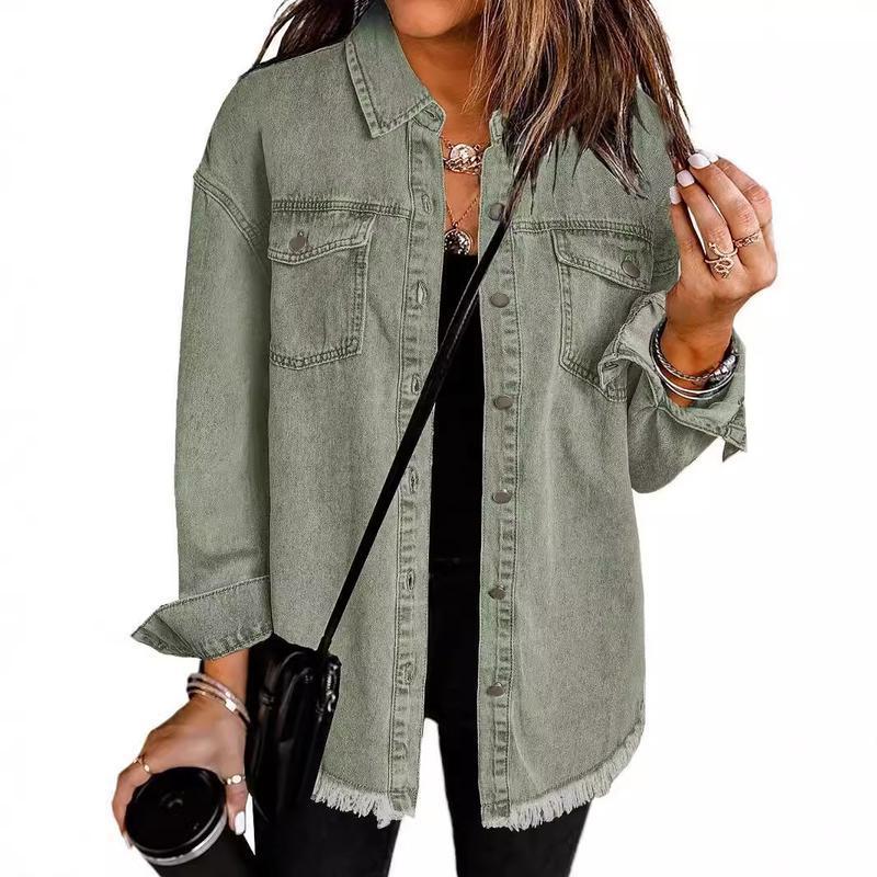 Women's Button Up Frayed Hem Shacket Long Sleeve Pockets Denim Jean Jacket