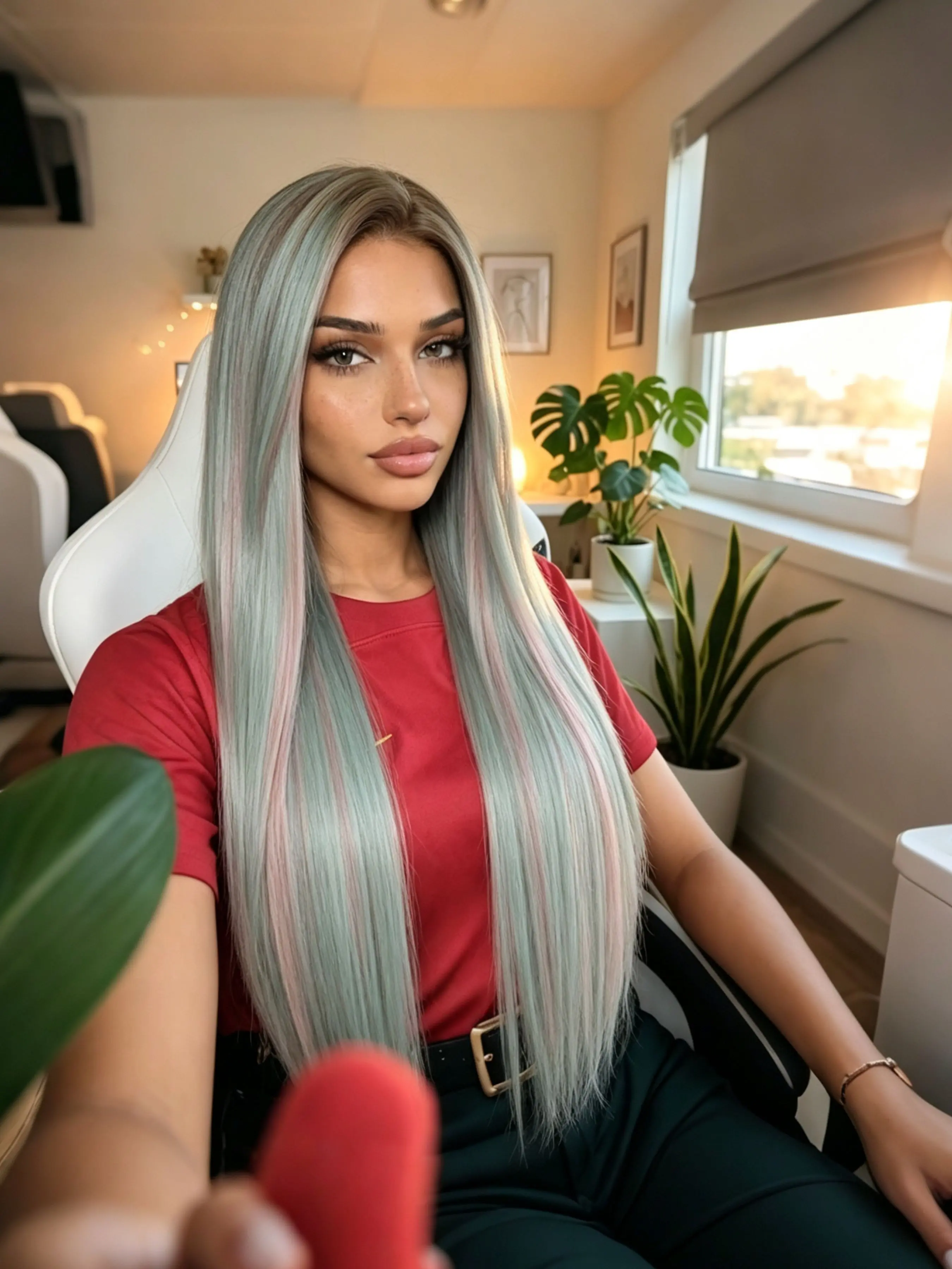 Pink Blue Rainbow Highlight 13x4 Lace Front Wig, Sleek Silky Long Straight Synthetic Wig with Pre-Plucked Natural Hairline, Soft HD Transparent Lace Wig for Music Festivals, Cosplay and Parties 28 Inch