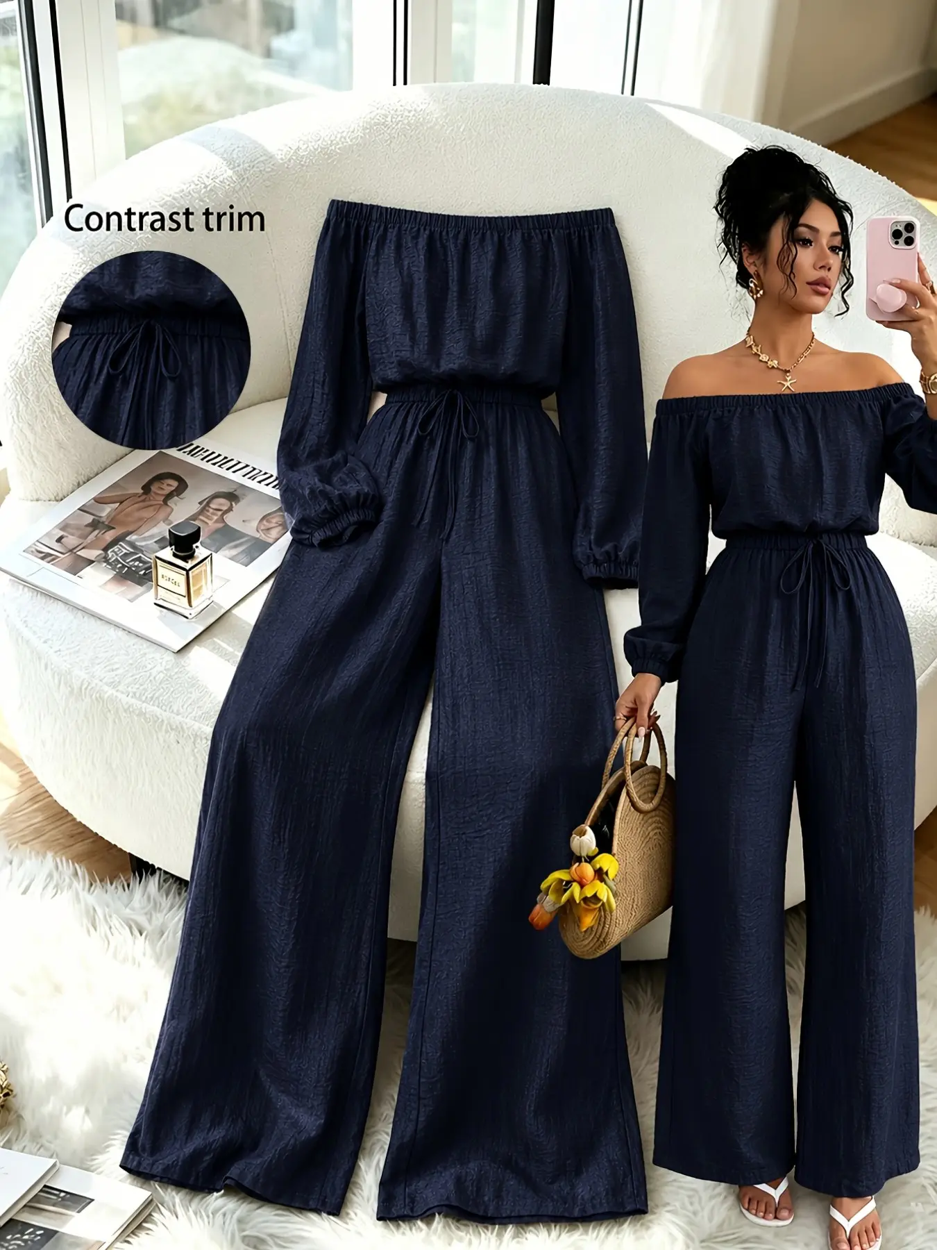 Boho Style Jumpsuit, Slim-Fitting High-Waist Drawstring Waist, Long Sleeve Bubble Design, French for All Seasons