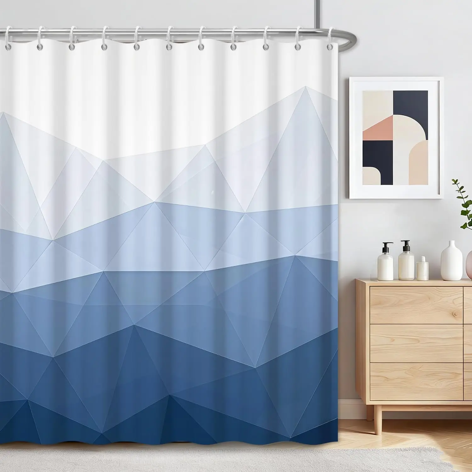 Gradient Blue Shower Curtain, Abstract Modern Geometric Pattern, Waterproof Polyester, Hotel Style, Heavy Bottom, 70.9x70.9 Inches, with Hooks