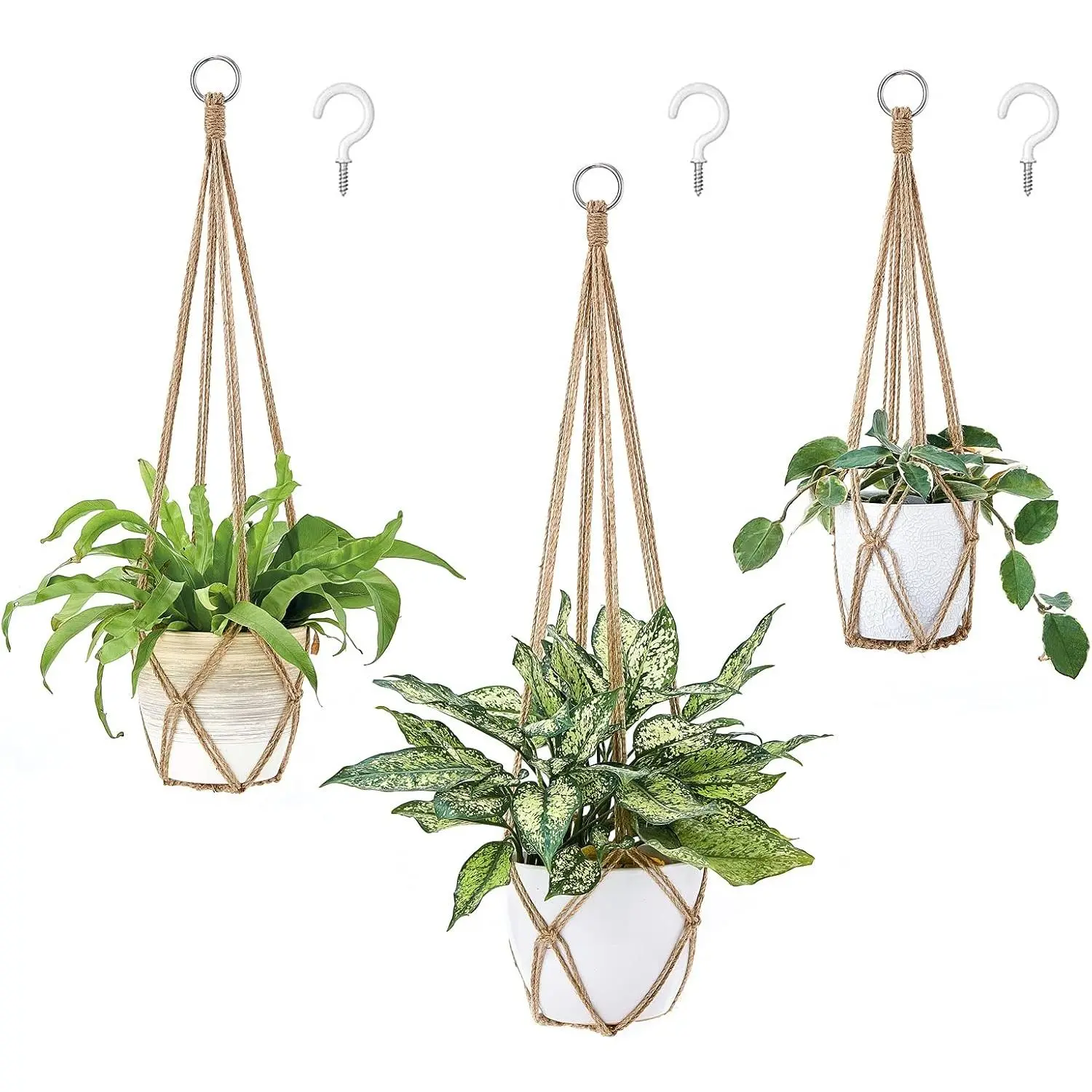 Macrame  Hanger Indoor   Holder Planter, Set of 3 | 3 Size, 35"/29"/23", Jute Rope, 3 Hooks, Fits 10" Pots Basket, Boho Decor for Living Room Garden, , No Tassels, Brown