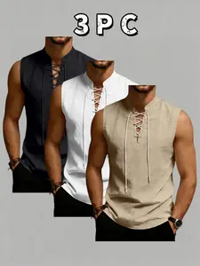 3-Pack Men's Sleeveless Tie-Back Vest, Stand Collar Linen Style Jacket, Comfortable Breathable, Casual Wear for Vacation & Daily Use