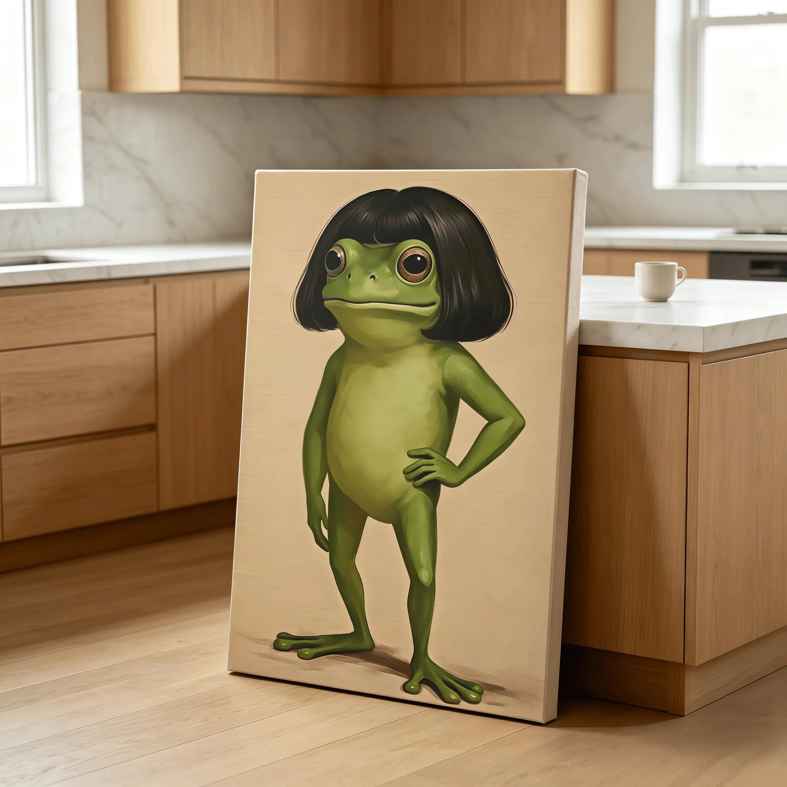 Whimsical Frog Portrait Canvas Poster Funny Animal Abstract Minimalist Green Funny Frog Poster Art Print Bob Haircut Kids Playroom Decor Frog Lover Gift Unique Wall Art Quirky Wall Decor Opossum Humor Artwork Funny Poster, Cute Animal Wall Art,