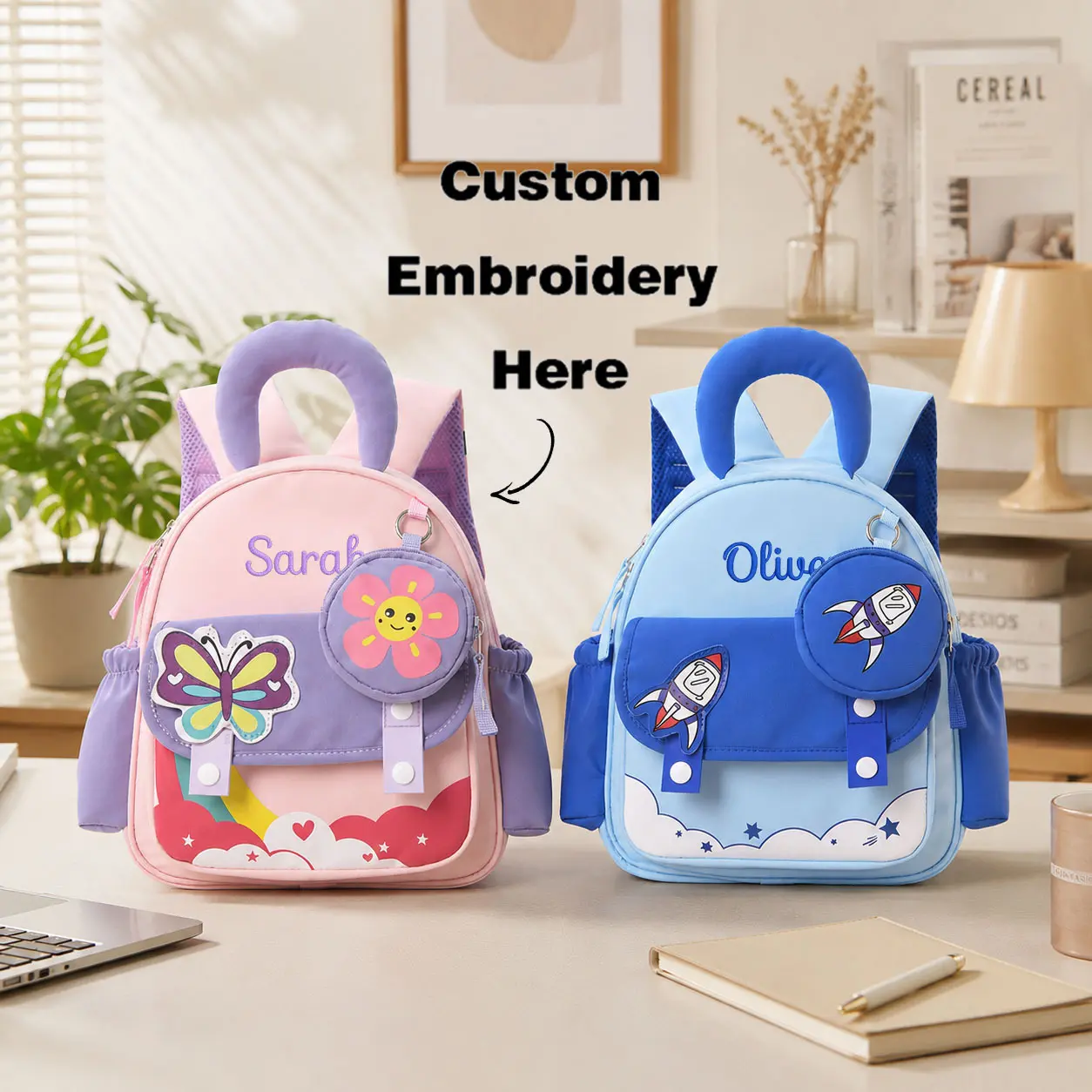 Customizable Personalized Name Backpack, Butterfly And Rocket Pattern, Multi-Pocket Lightweight Storage Design with Side Pockets And Front Flap, Suitable for Daily Outings, Travel, Commuting, Short Trips, And Birthday Gifts