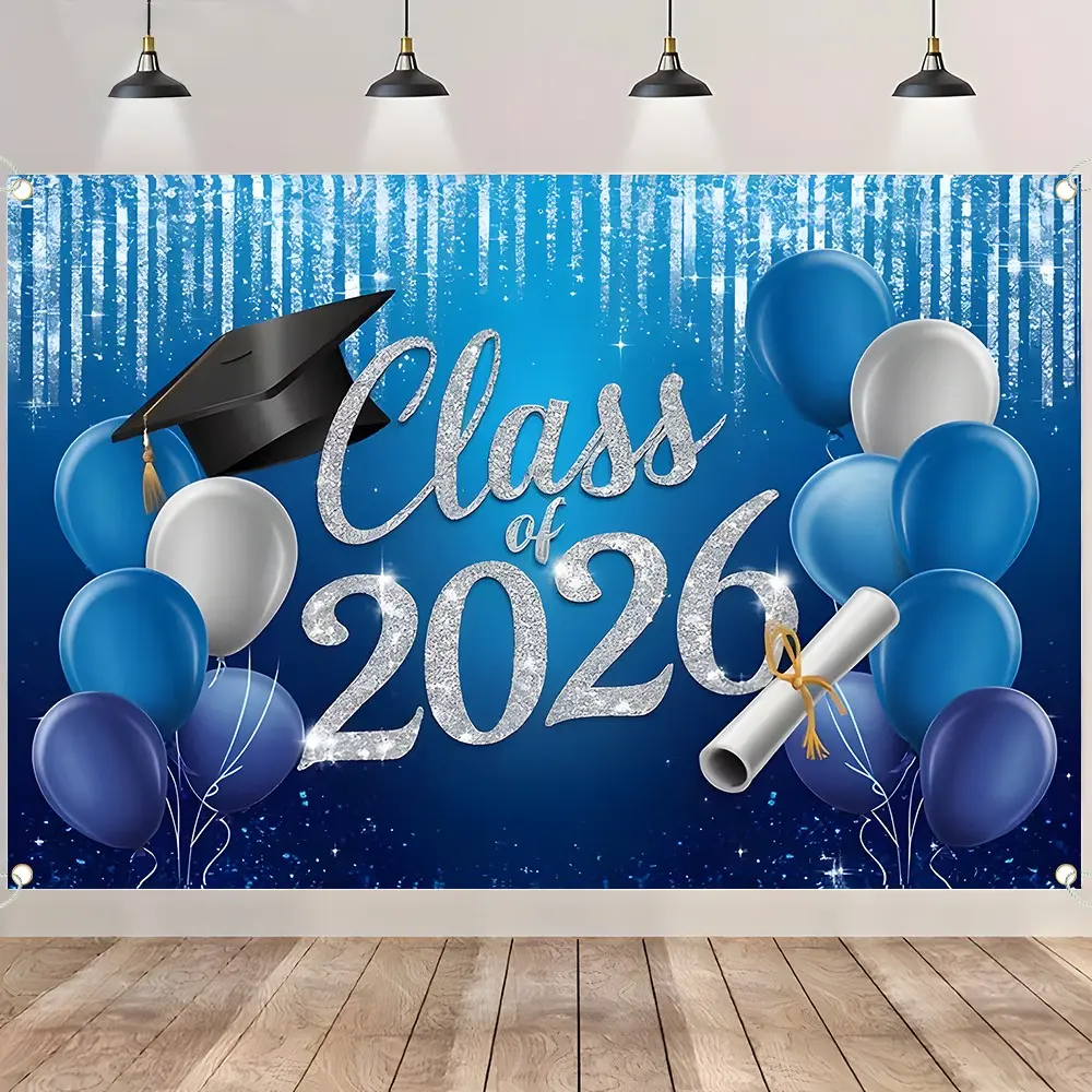 Congratulations Graduate Backdrop Banner,Blue and Silvery Graduation Party Decorations with Cap Diploma,Durable Polyester Fabric,Reusable Easy to Clean,Multiple Sizes Available for Graduation Party,Class of 2026,Home Decor,Idea Gift for Graduates,Friends