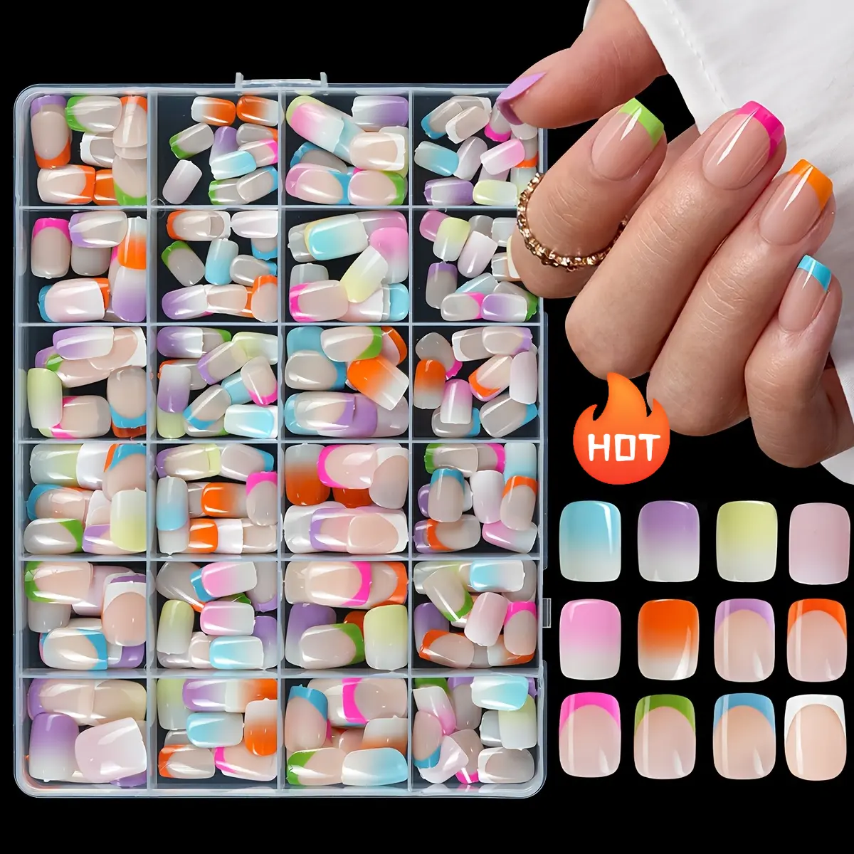 288pcs  press-on nails 🔥 [Beauty queen, must-have combos] Set Square French-Style Gradient Short Press-On Nails, a must-have for looks,Summer Macaron Color French-Style Gradient Nail Set, 12 Style Combinations, Glossy Finish, Full-Coverage Removable Nails
