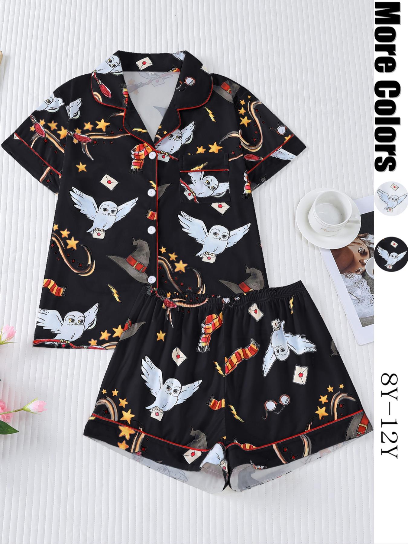 Women's Owl Print Short Sleeve Top & Elastic Waist Shorts Pyjama, Casual Comfy T-shirt & Shorts PJ Set, Ladies Sleepwear for Summer, Loungewear, Pajama Set