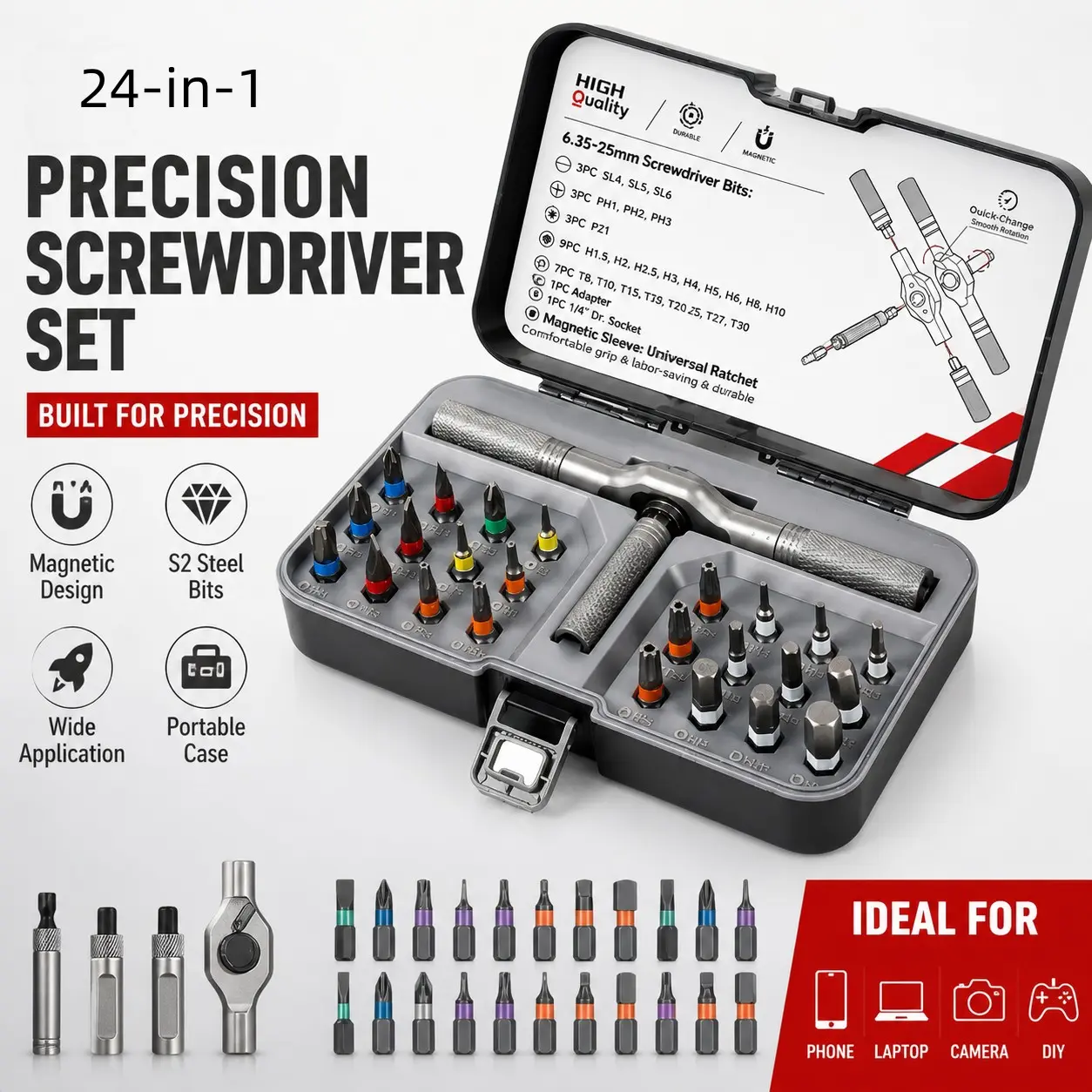 24-Piece Magnetic Screwdriver Set, Rotating Screwdriver Kit, Detachable Handle Multi-Function Repair Tool, T-Type Ratchet Screwdriver Set, Home Use