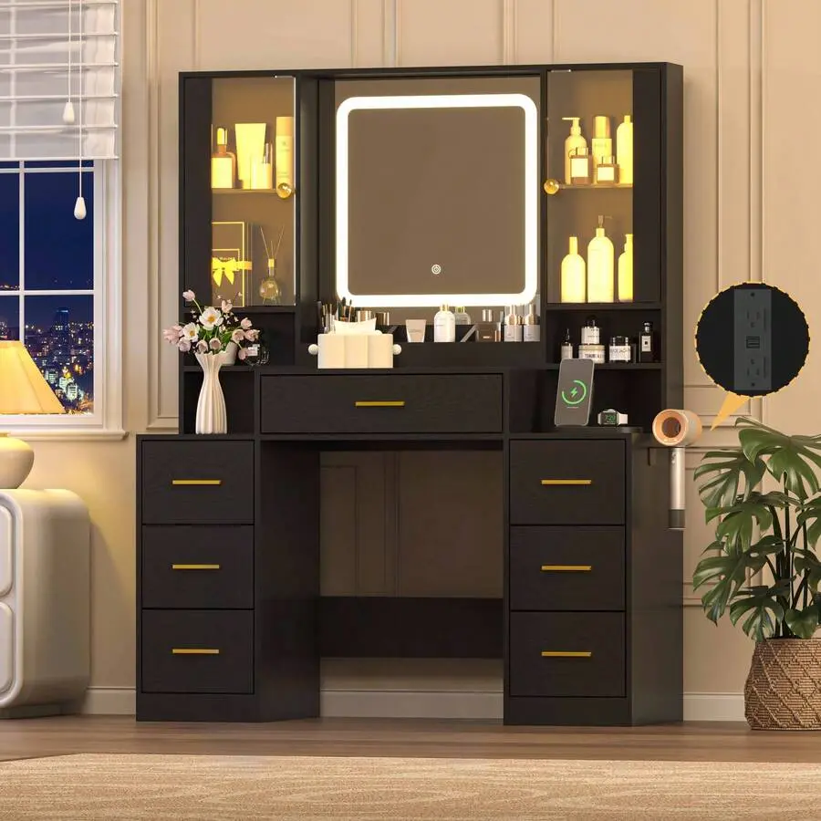 Vanity Desk With Mirror And Lights, 7 Drawers Makeup Vanity Tables With Power Outlet, 3 Adjustable LED Lighted Mirror, Vanity Desk Bedroom, Dressing Room
