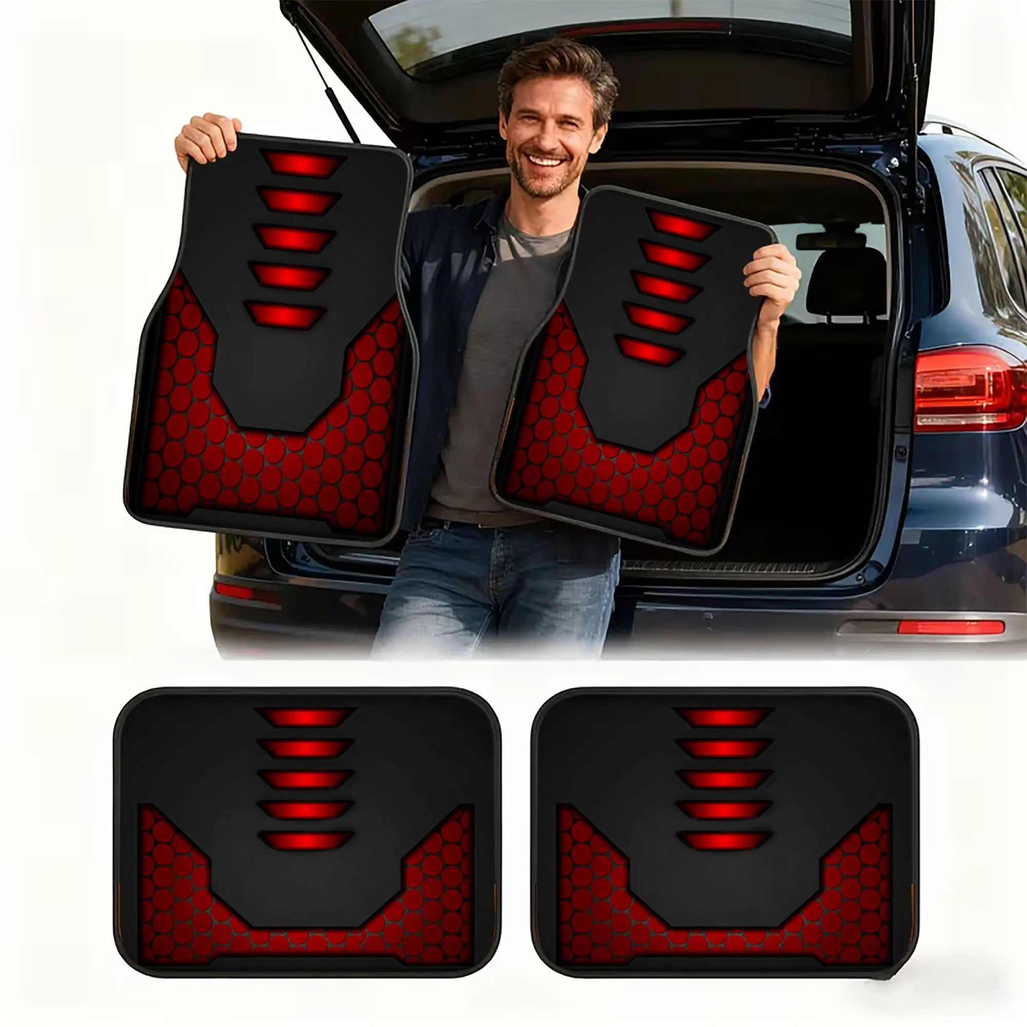 4pcs Polyester Fiber Set Red and Black Carbon Fiber Style Printed Car Floor Mats with Sporty Design for Universal Fit and Trendy Interior Upgrade Automotive Mats