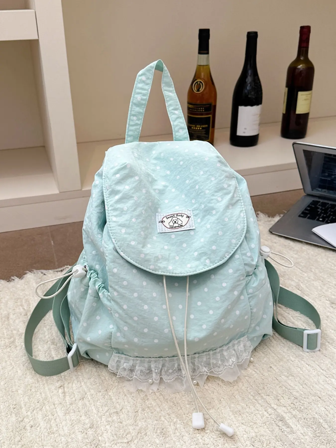 Fresh and artistic style elegant and gentle classic polka dot backpack, fashionable and niche design versatile backpack, flip cover and lace splicing design, can accommodate books, tablets, water bottles