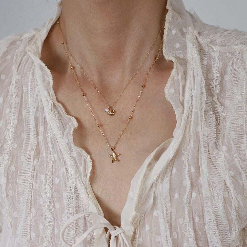 Necklace for Women,Layered Starfish Conch SeaShell Pearl Pendant Charm Necklace Stack Waterproof Dainty Beach Jewelry for Summer Vacation