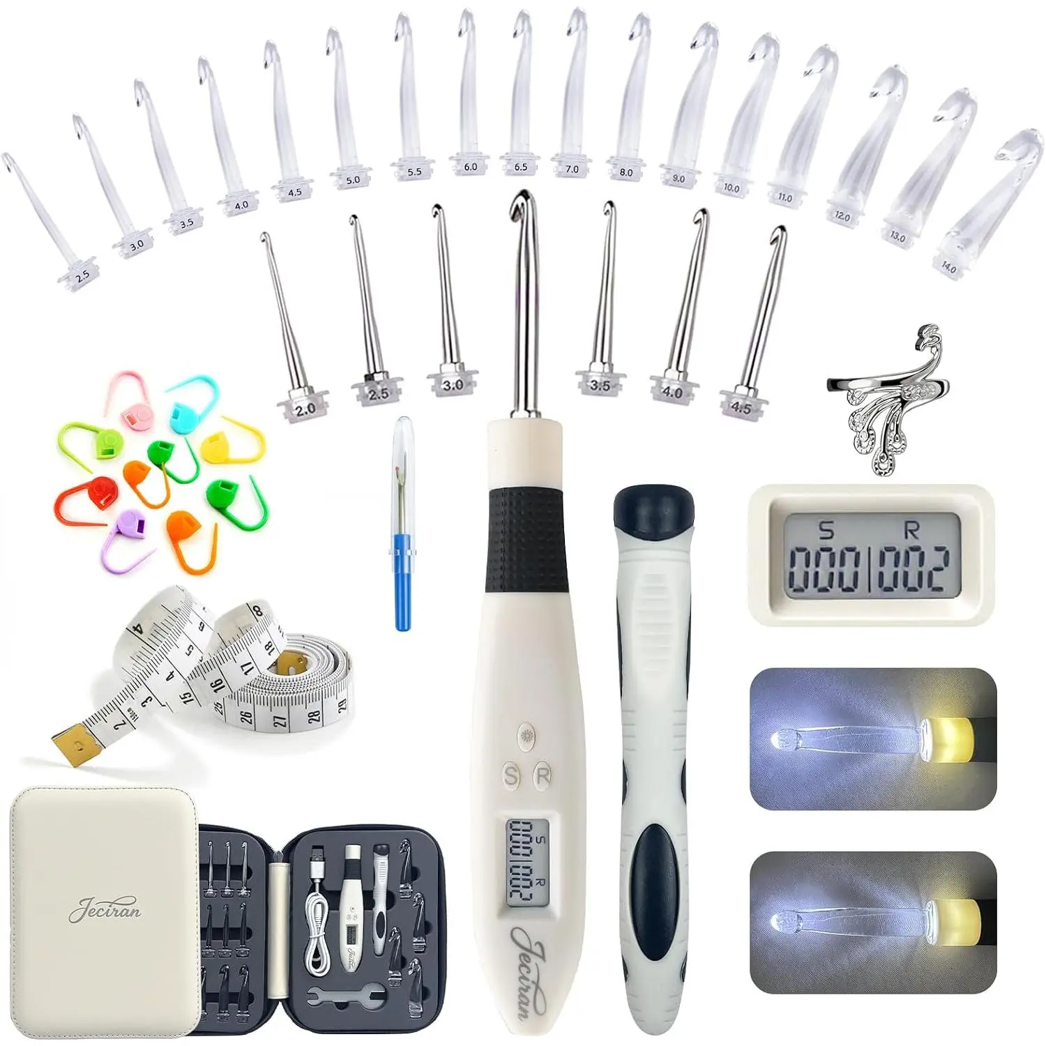 24 Interchangeable Heads Light Up Crochet Hook Set with Digital  Counter,  Rechargeable LED Crochet Hooks for Dark Yarn &  Hands, Knitting Tool Kit,Gifts for Crocheters