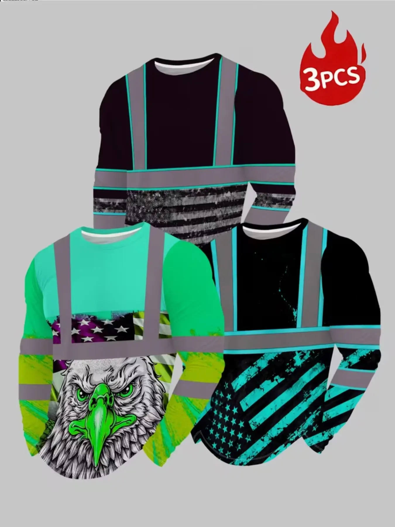 Men's 3-Pack Long Sleeve T-Shirts, Casual Print Tee, Fashion Print Round Neck, Casual Geometric Pattern, Fitted H-Type, All Seasons Wear