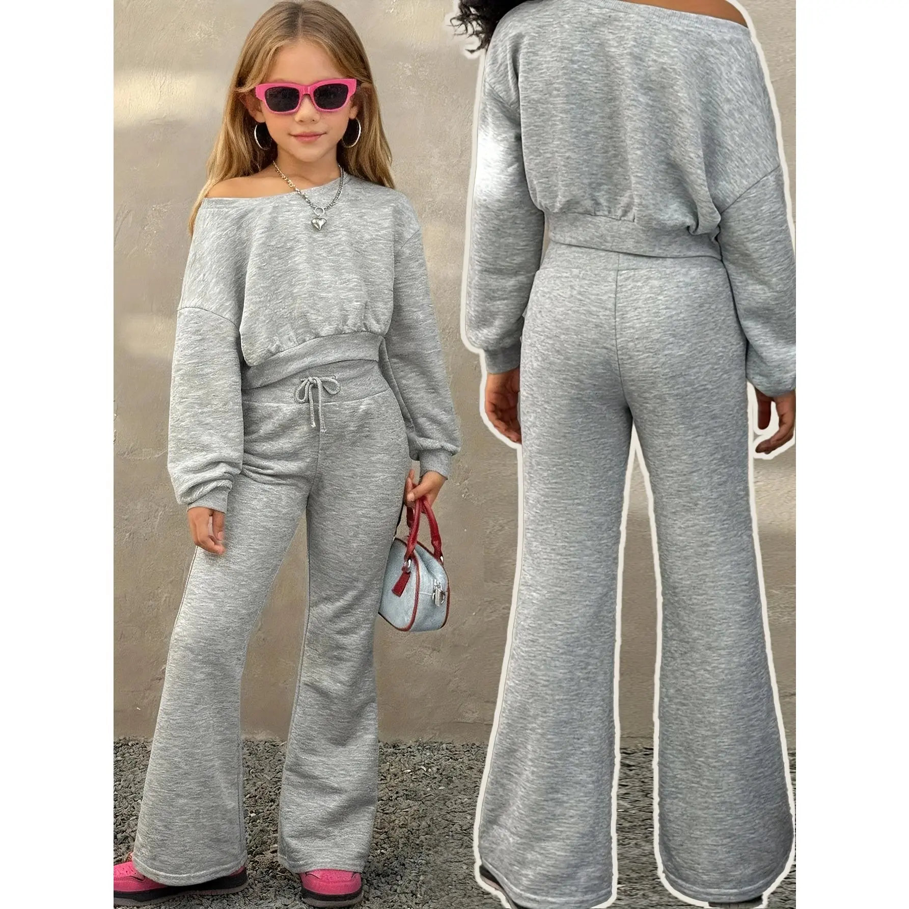 Girls' Clothing: Teen Girl Outfits: New Autumn/Winter Streetwear 2pcs Set, Warm and Comfortable Gray Asymmetrical Neckline Sweatshirt and Comfortable Flared Pants Set, Suitable for Back-to-School Season, School Season, Family Casual Outings; Girls' Womens