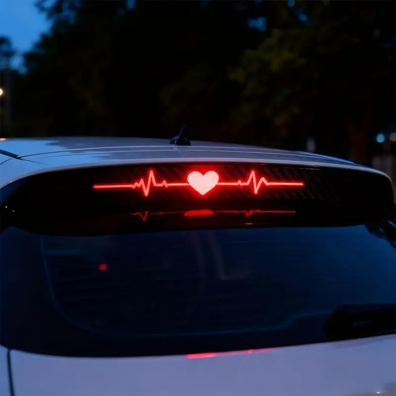 High-Position Brake Light Sticker, Heartbeat Ecg Tail Light Sticker, 3D Carbon Fiber, Matte Finish, Car Safety Decal, Vinyl Material