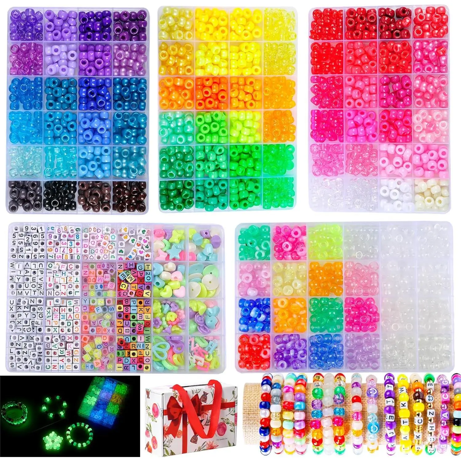 SJZWSD 5 Boxes Bracelet Making Kit Pony Beads, 6x9mm Kandi Rave Beads & Hair Beads Set with UV Color Changing, Glow-in-Dark, Chrome & Alphabet Letters for Friendship Jewelry DIY Crafts