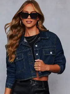 Vintage Rhombus Short Denim Jacket for Women, Distressed Wash High Waist Crop Top, European Style Versatile Slim Fit Jeans Shirt