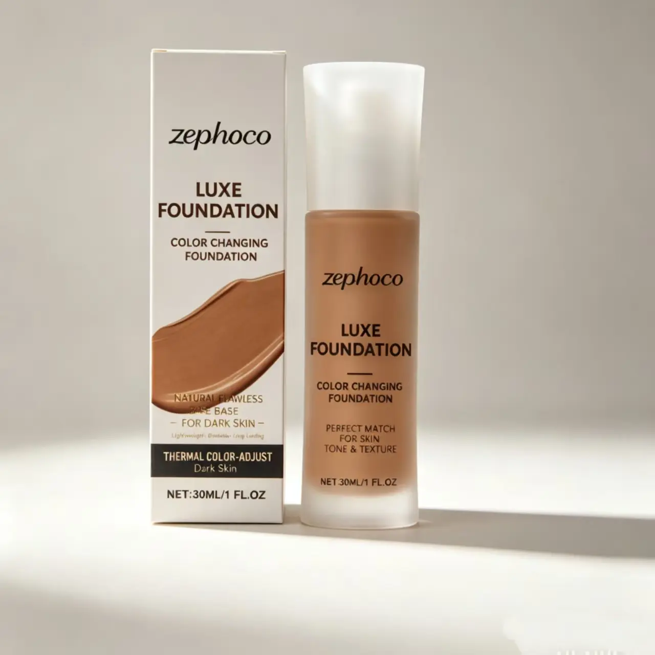 Zephoco Thermal Color Adjusting Liquid Foundation, Hydrating Cosmetic for Deep & Olive Skin Tones, Lightweight Full Coverage Base Makeup, Oil