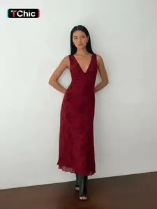 Women's Floral Print Deep V Neck A Line Dress, Elegant Sleeveless Plunge Neck Bodycon Long Dress, Ladies Summer Clothes for Party Holiday Wedding Guest, Summer Dresses