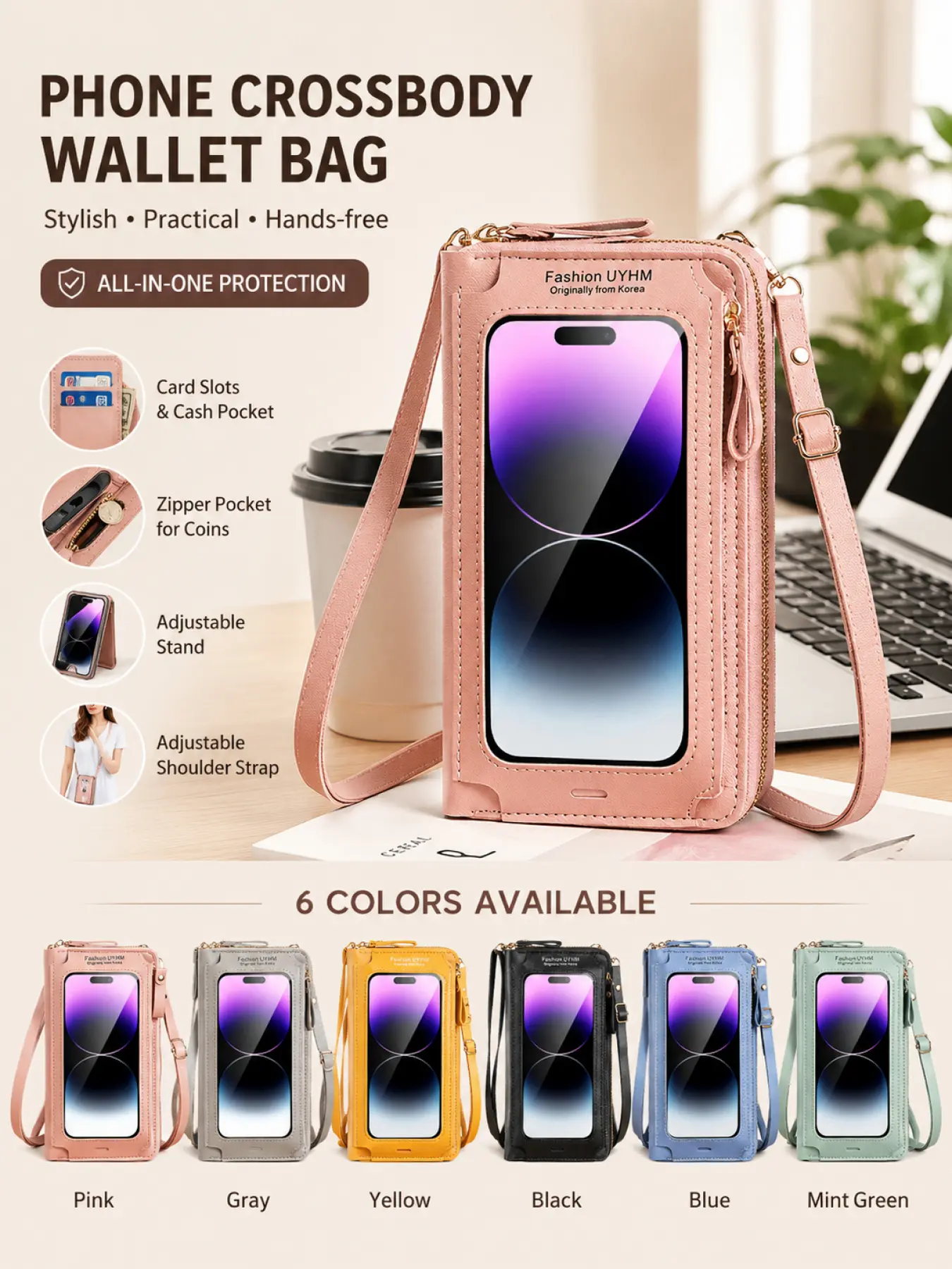 Touchscreen-compatible phone bag for women, crossbody anti-theft multifunctional casual shoulder sling bag, versatile mini wallet phone pouch
