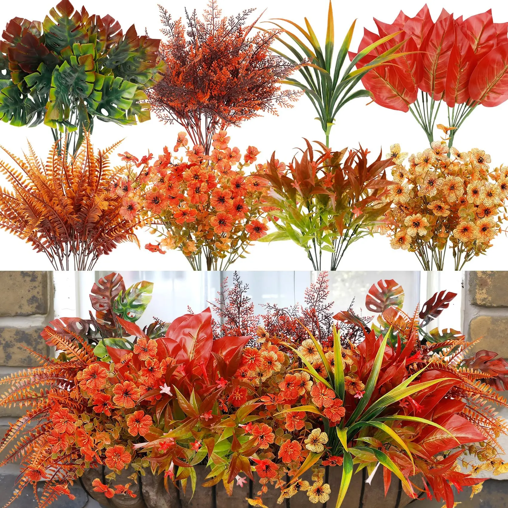 20 Bundles Artificial Fall Flowers, Fake Plants Faux Mums, UV Resistant Daisy Boston Fern, Autumn Planters, Garden Porch Decor