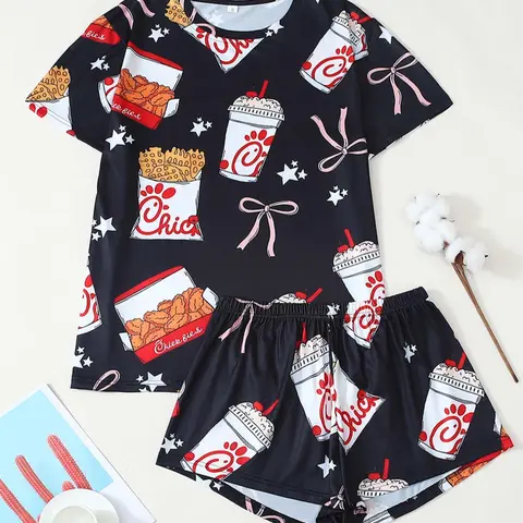 Women's 2-Piece All-Over Print Pajama Set, Comfortable Casual Round-Neck Short-Sleeve T-Shirt and Elastic-Waist Shorts, Top Pajamas, Summer Sleepwear, Loungewear