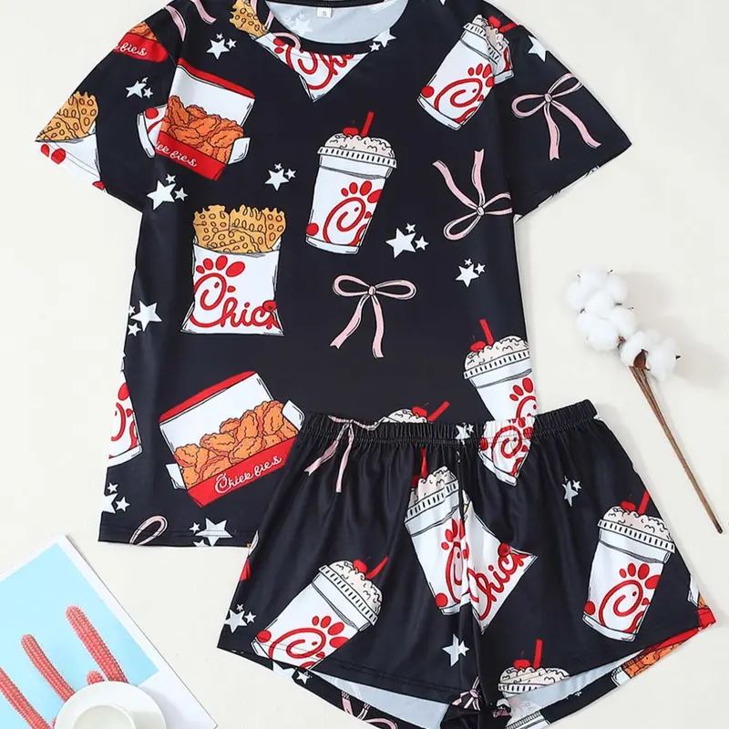Women's 2-Piece All-Over Print Pajama Set, Comfortable Casual Round-Neck Short-Sleeve T-Shirt and Elastic-Waist Shorts, Top Pajamas, Summer Sleepwear, Loungewear